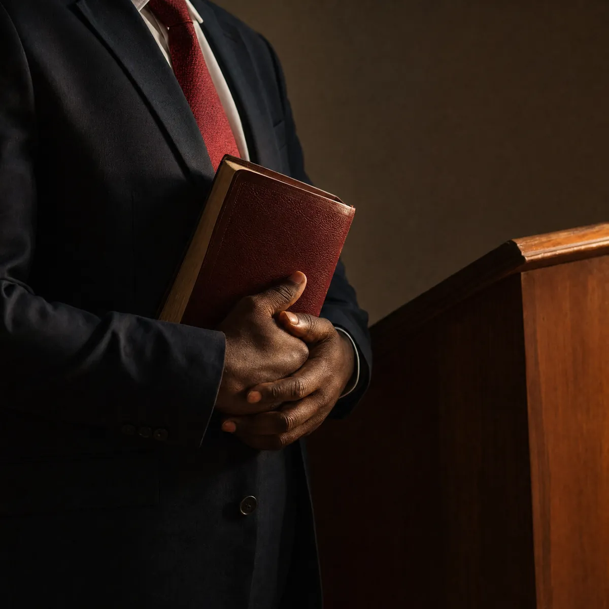 A preacher in a dark suit holding a leather-bound Bible beside a wooden pulpit
